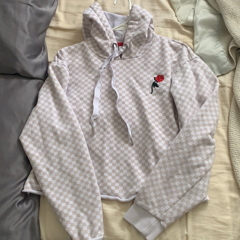 Vans cropped checkerboard sweatshirt with embroidered rose, size S